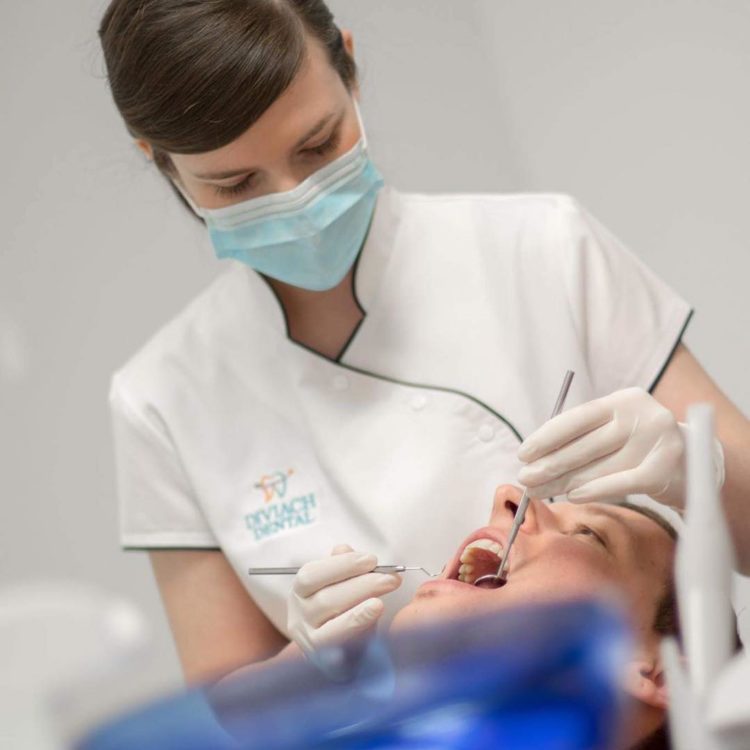 patient receives dental checkup from woman dentist